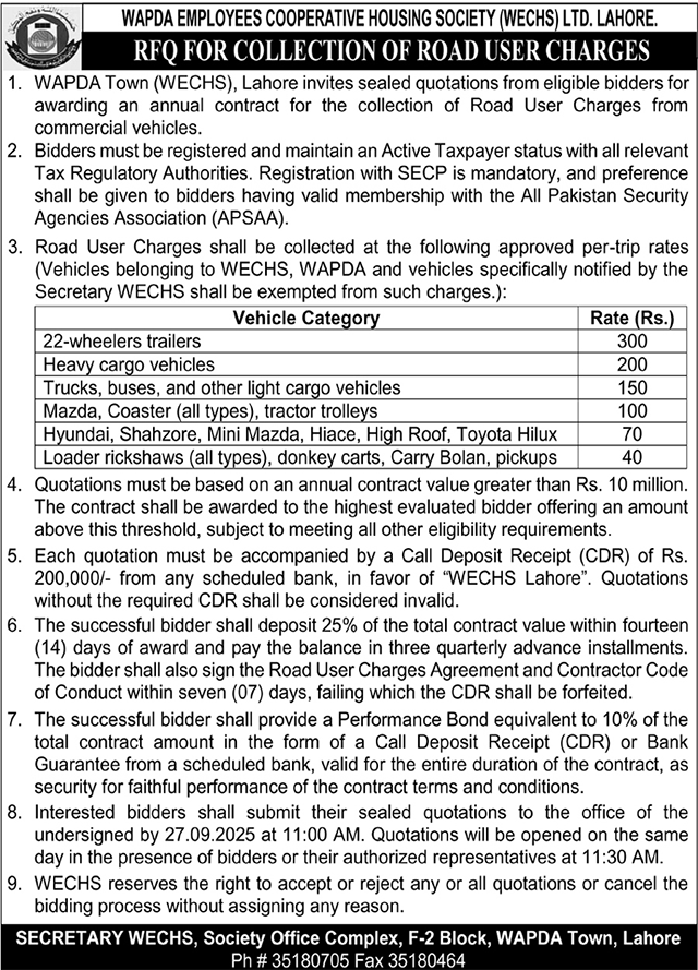 Wapda Employees Cooperative Housing Society Lahore Tender Notice-2